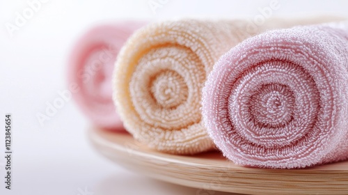 Soft pastel towels rolled up in a spa setting, fibers catching gentle light, calming and inviting, perfect for wellness ads photo