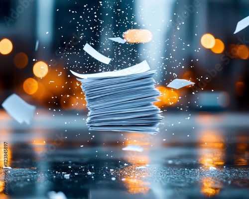 Stack of loose papers flying across a deserted street, scattered by a strong breeze, gritty urban setting, high-energy scene photo