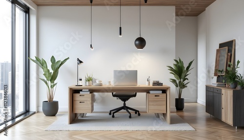 Modern minimalist interior featuring a wooden desk and stylish pendant lights in a contemporary workspace
