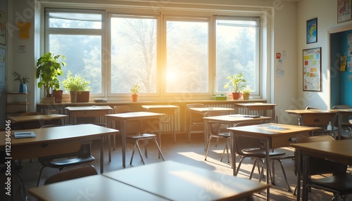 Classroom interior with bright sunlight streaming through windows and desks arranged for students