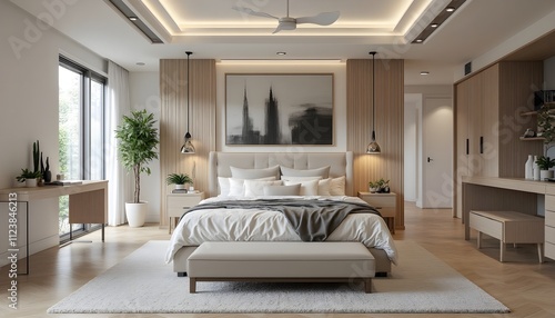 Cozy bedroom setup with modern decor and neutral tones in a stylish living space