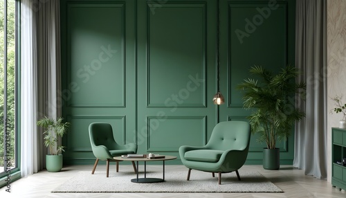 Stylish green interior with a modern chair and minimalist design elements enhancing tranquility and harmony in living space