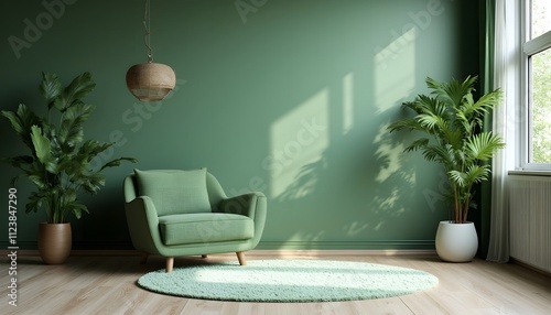 Stylish green interior with a modern chair and minimalist design elements enhancing tranquility and harmony in living space
