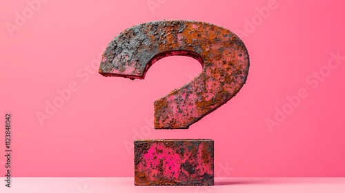 Artistic textured sculpture of a question mark in vibrant colors against a pink backdrop