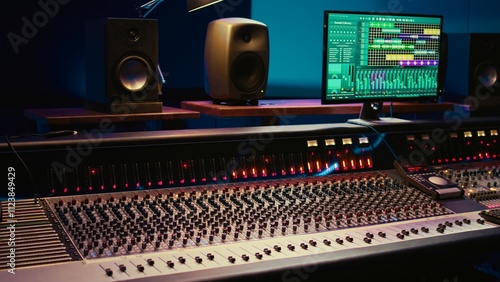 Tableau sur toile Empty professional studio with control desk mixer and audio recording software on pc, music production