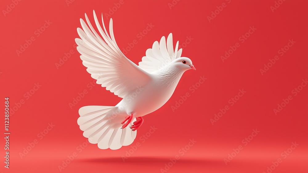 Fototapeta premium White dove flying, wings at full extension, dynamic lighting and shadow details, crisp realism, isolated on white background