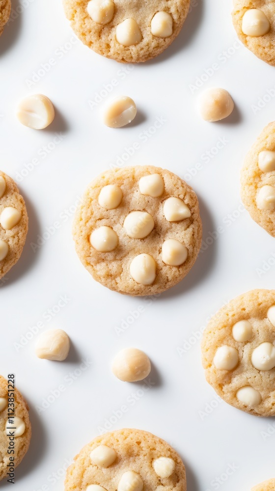 Obraz premium Close-up of homemade macadamia nut cookies arranged on a white surface.