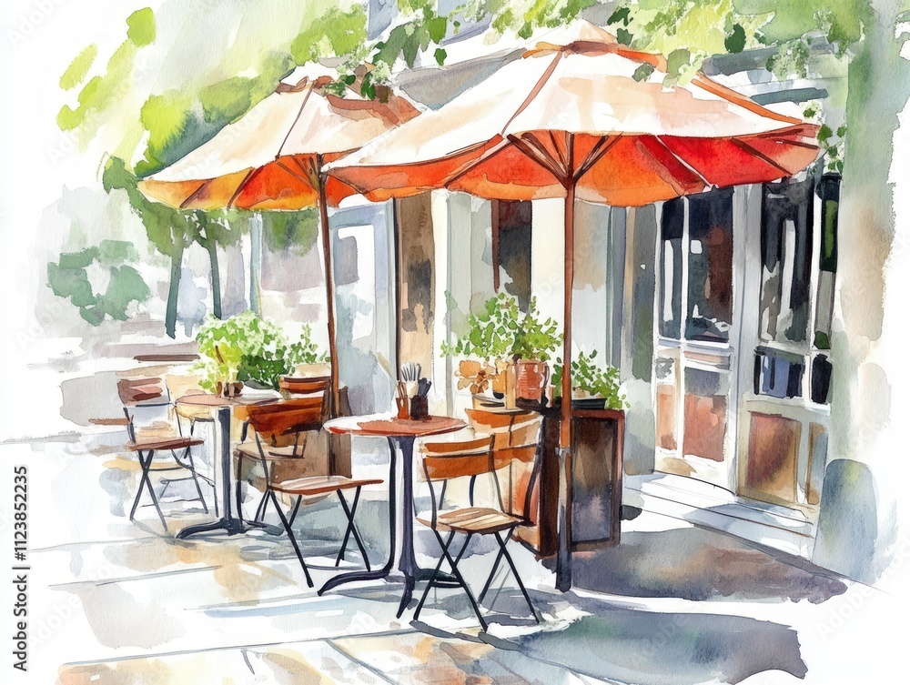Obraz premium Watercolor painting of cafe patio, tables, chairs, umbrellas.