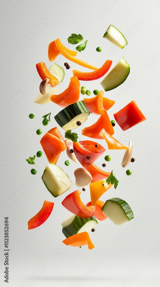 Obraz premium Fresh bell peppers, zucchini, peas, garlic, and peppercorns falling against a white background.