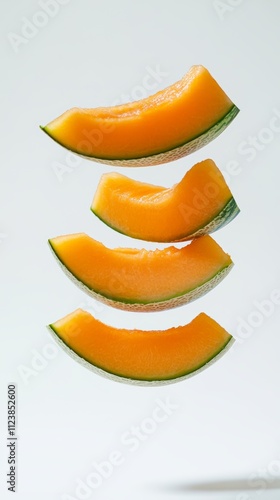 Four slices of ripe cantaloupe melon stacked on top of each other, floating in mid-air against a white background.