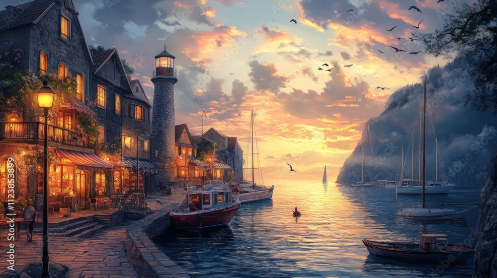 Fototapeta premium Sunset harbor town, lighthouse, boats, quaint buildings.