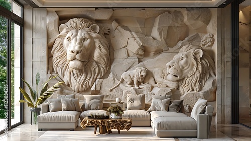 Beautiful Lions 3D Relief Wallpaper, Featuring Majestic Mural Design with Detailed Lion Imagery, Bringing Strength and Elegance to Any Space with a Bold, Artistic Touch photo