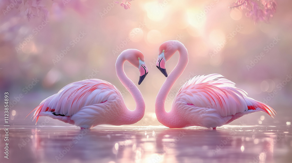 Naklejka premium Two flamingos performing a love dance in shallow water, their necks forming a heart shape, vibrant pink feathers glowing under soft golden hour light, serene wetland background with gentle ripples