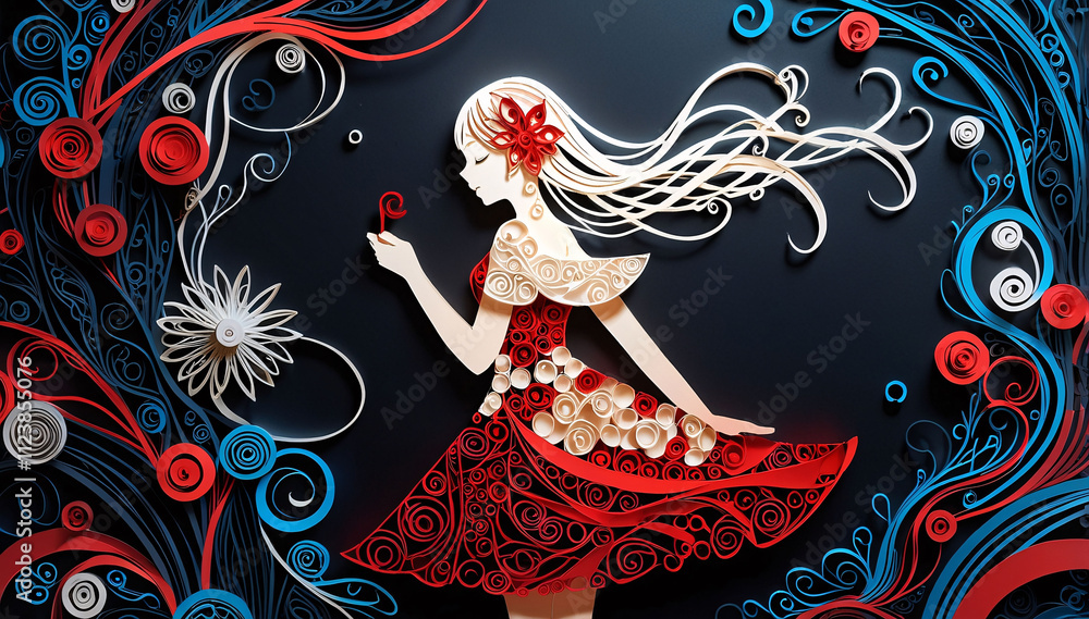 Fototapeta premium Creative paper quill art of a woman silhouette surrounded by colorful patterns and intricate fantasy details