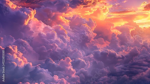 Billowing Cumulus Congestus Clouds Tinged with Vibrant Hues of Sunset, Creating a Dramatic Sky Display as Colors Shift Across the Expansive Horizon