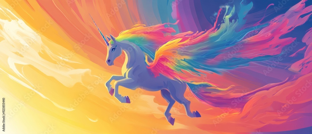 Fototapeta premium Magical Rainbow Unicorn Soaring Through Vibrant Sky, Fantasy Art