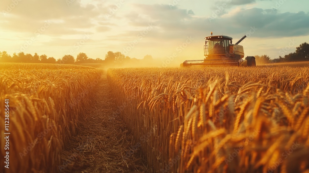 Fototapeta premium Combine harvester harvesting wheat field at sunset.
