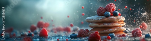 Une pile de pancakes moelleux saupoudrés de sucre glace, avec des fruits rouges comme des framboises, des myrtilles et des groseilles.