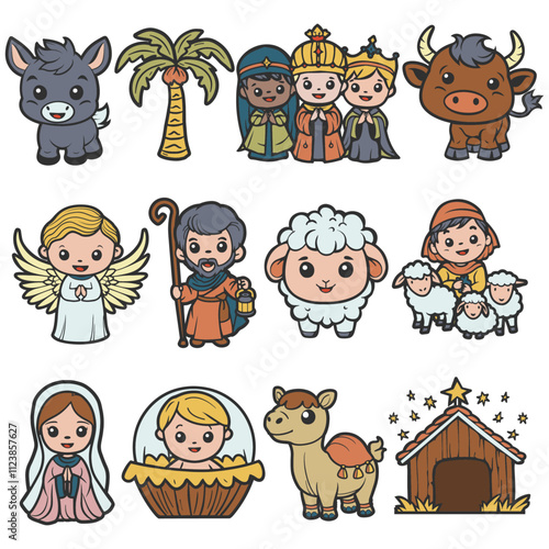 Characters from the Nativity of Jesus, the drawings are cute and with a kawaii cartoon style. Christmas vector clipart icon.