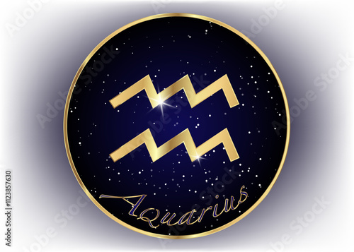 Gold Aquarius zodiac constellations sign on beautiful starry sky with galaxy and space behind. Aquarium horoscope symbol  on deep cosmos background. vector isolated