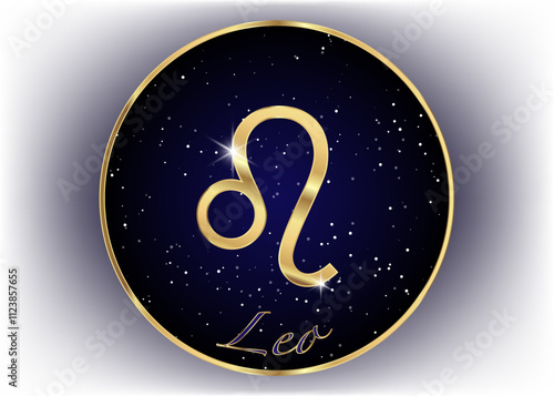 Gold Leo zodiac constellations sign on beautiful starry sky with galaxy and space behind. Lion horoscope symbol on deep cosmos background. Vector isolated