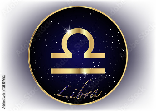 Gold Libra zodiac constellations sign on beautiful starry sky with galaxy and space behind. Balance horoscope symbol on deep cosmos background. vector isolated