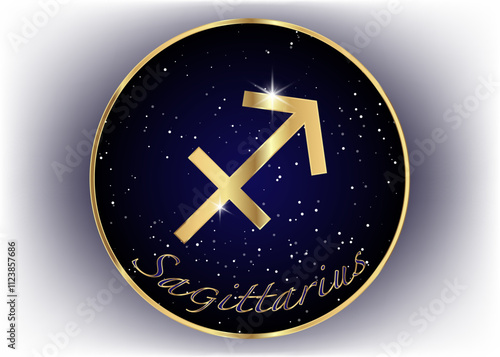 Gold Sagittarius zodiac constellations sign on beautiful starry sky with galaxy and space behind. Archer sign horoscope symbol on deep cosmos background. vector isolated