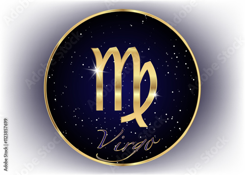 Gold Virgo zodiac constellations sign on beautiful starry sky with galaxy and space behind. Virgin horoscope symbol on deep cosmos background. Vector isolated