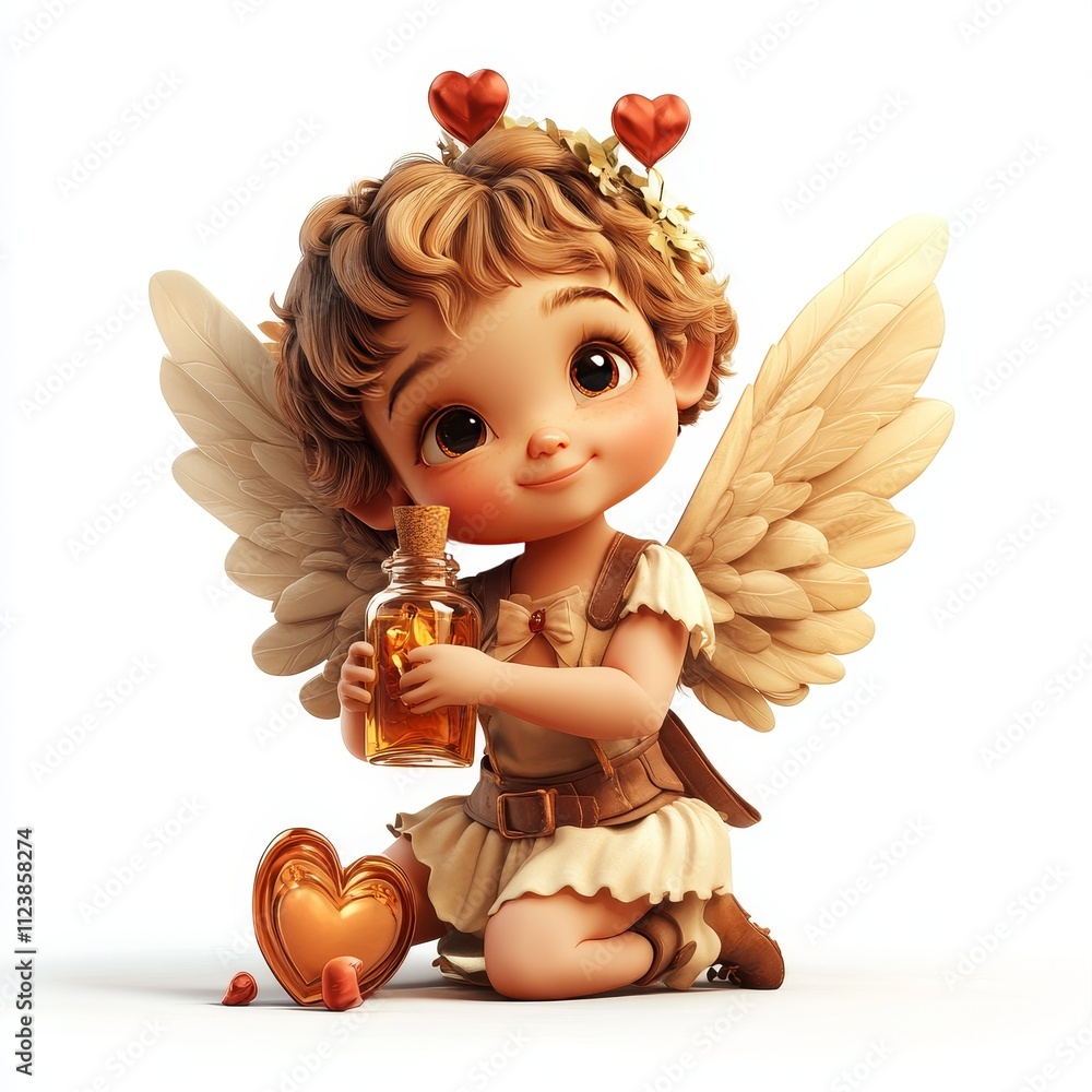 Fototapeta premium Cupid with love potion bottle, whimsical expression, isolated on white, Valentine theme, 3D vector illustration