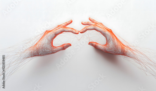Abstract Connected Hands – Red Wireframe Art on White Background