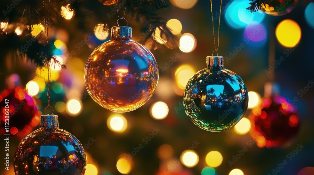 Fototapeta premium Close-up of colorful Christmas ornaments hanging on a decorated tree with blurred lights in the background.