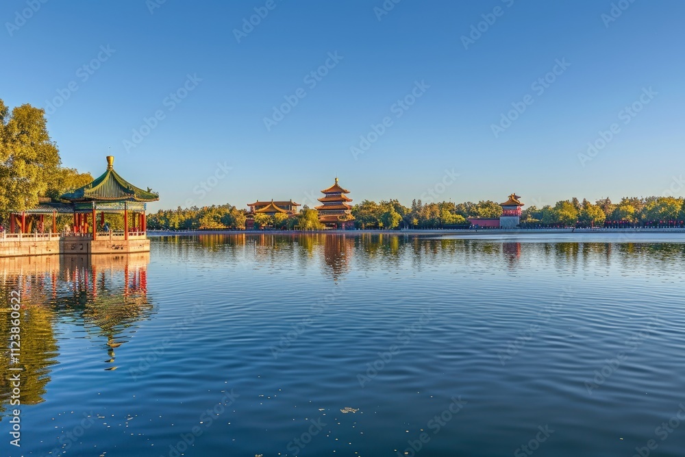 Fototapeta premium Calm lake reflecting pagodas under a clear blue sky.