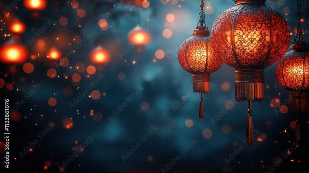 Obraz premium Red lanterns glowing in a mystical atmosphere with bokeh effects.