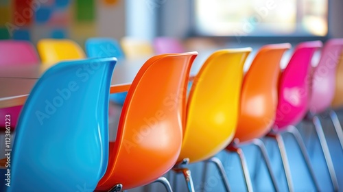 Blurred background featuring conference room with brightly colored chairs. Perfect for business, meetings, and corporate settings. photo