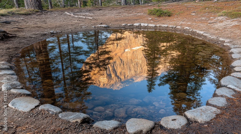 Obraz premium A serene pond reflecting a rocky landscape and trees in a natural setting.