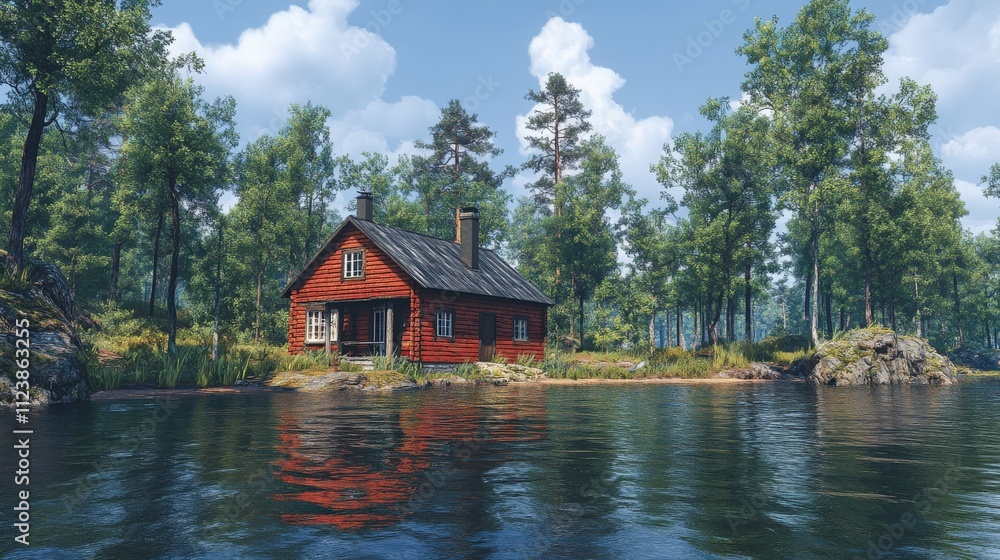 Obraz premium A serene red cottage by a calm lake, surrounded by lush green trees under a blue sky.