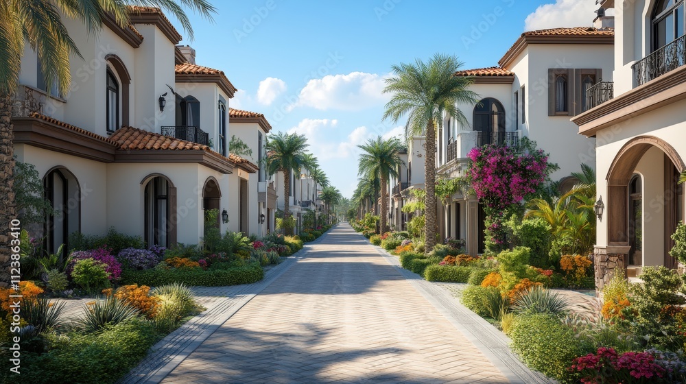Naklejka premium A serene residential street lined with palm trees and colorful flowers.