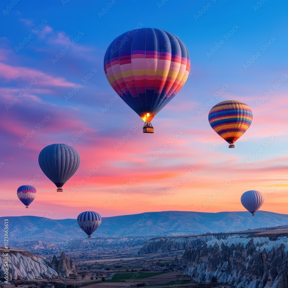 Obraz premium Colorful hot air balloons in sunset sky.