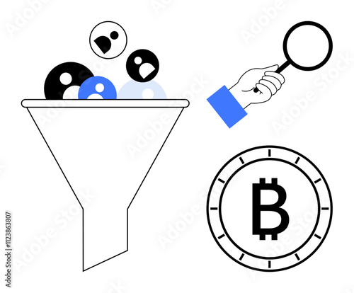 Funnel filtering dots, hand holding magnifying glass, and Bitcoin coin symbol. Ideal for cryptocurrency, digital assets, market analysis, investment, financial tech, blockchain education, business