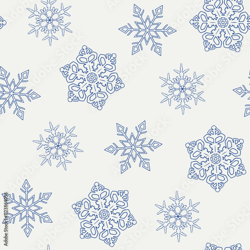 Christmas Vintage seamless pattern with snowflakes. Blue beige Hand drawn, linear elements. Monochrome toile vector background for design package, holiday, wrapping paper, decor new year, textiles