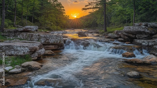A serene river landscape at sunset with flowing water and lush greenery.