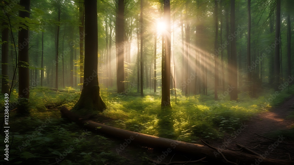 Obraz premium Sunbeams Illuminate Misty Forest Path Among Tall Trees