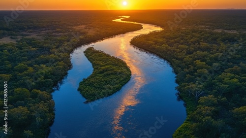 A serene river winding through lush greenery at sunset, reflecting vibrant colors.