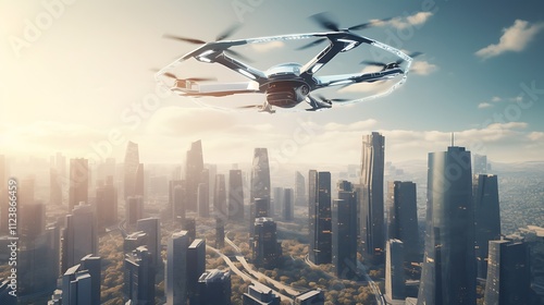 Futuristic Drone Soaring Above A Modern Cityscape photo