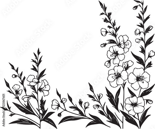 Sandplain Gerardia , Agalinis acuta flower in single line decoration drawing, corner border, black and white illustration, photo