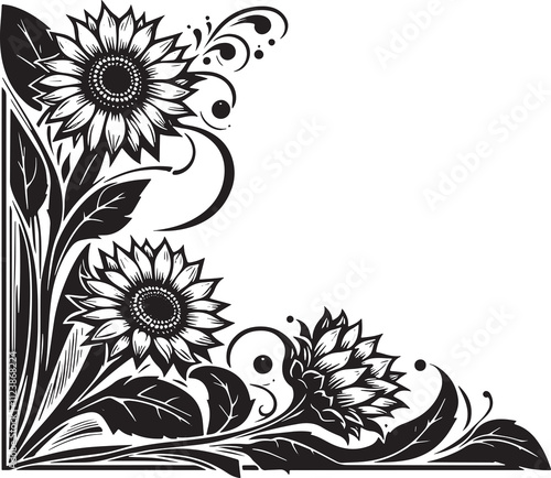 Schweinitz's Sunflower , Helianthus schweinitzii flower in art nouveau decoration, corner border, black and white illustration,