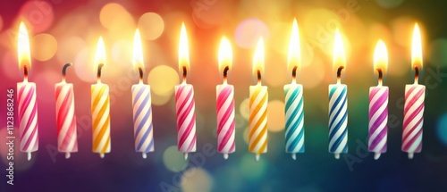 Ten Colorful Birthday Candles Burning Brightly Against a Bokeh Background photo