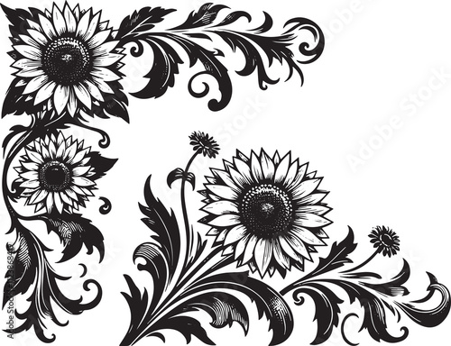 Schweinitz's Sunflower , Helianthus schweinitzii flower in victorian flourish decoration, corner border, black and white illustration, photo