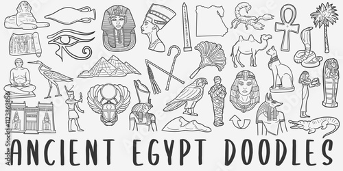 Ancient Egypt Doodle Icons Black and White Line Art. Egyptology Clipart Hand Drawn Symbol Design.
