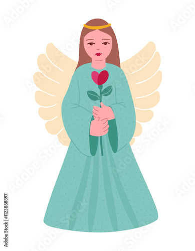 Angel girl with rose. Symbol of Love and Peacefulness. Colored flat vector illustration